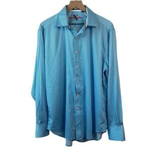 Robert‎ Graham Mens Shirt XL Blue White Striped Flip Cuff Contrast Button Down